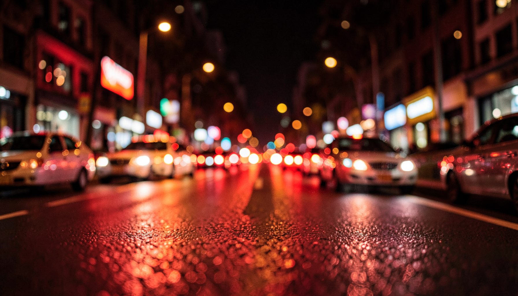 Jalan raya kota di malam hari dengan lampu kendaraan yang bergerak, suasana urban yang sibuk dengan cahaya merah dan kuning