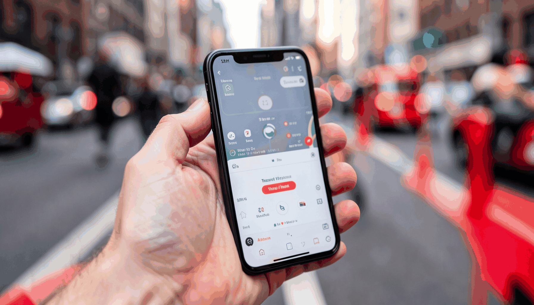 Tangan memegang smartphone menampilkan aplikasi transportasi, latar belakang jalan kota yang ramai
