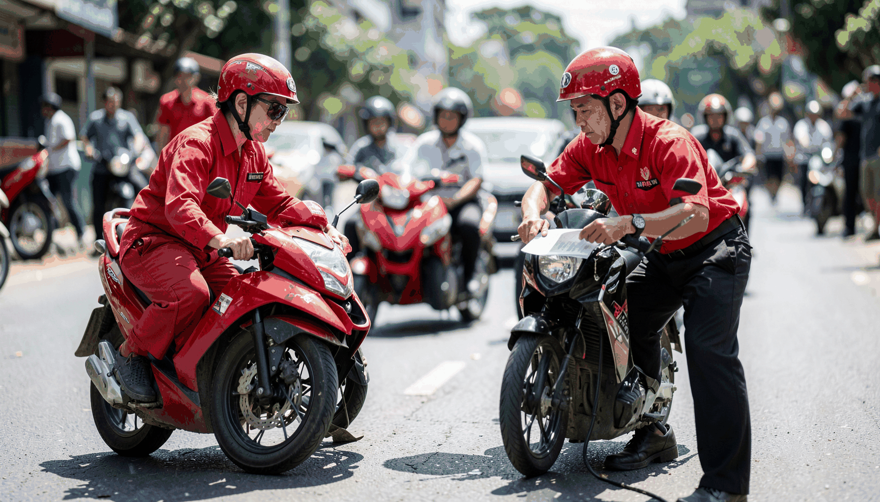 Kendaraan roda dua dan roda empat terjaring razia di pinggir jalan, petugas berseragam memeriksa dokumen, suasana siang hari yang terik
