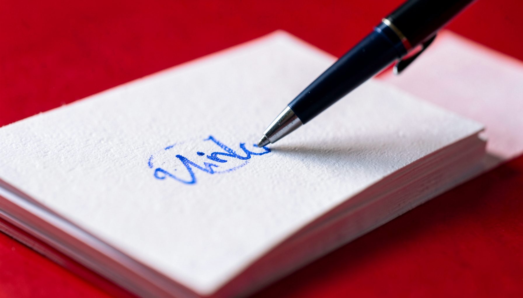 Tumpukan kertas bertanda tangan dengan pulpen di atasnya, close-up tekstur kertas putih dan tinta biru