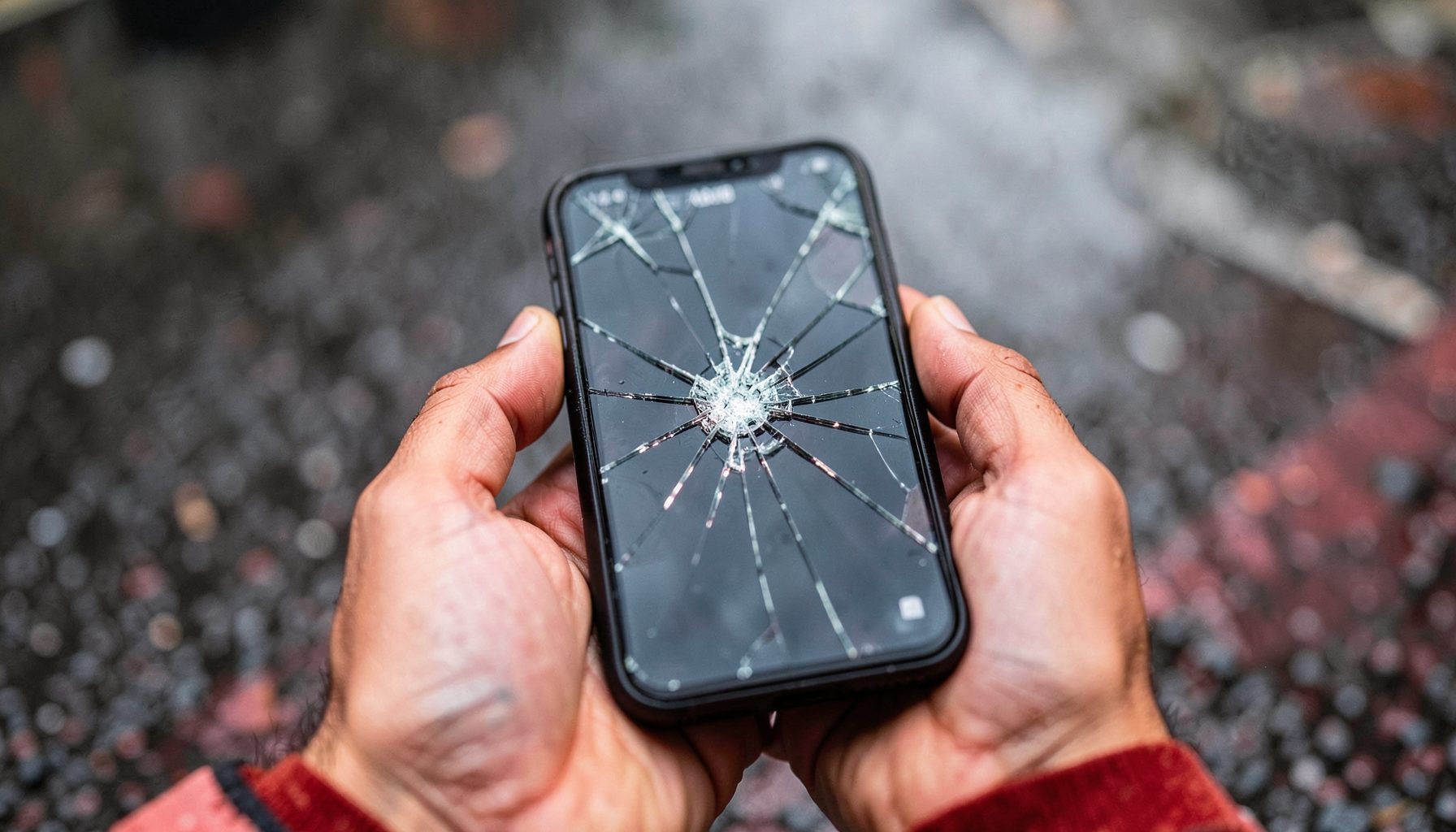 Tangan memegang smartphone dengan layar retak namun masih menyala, latar belakang aspal jalan yang basah setelah hujan