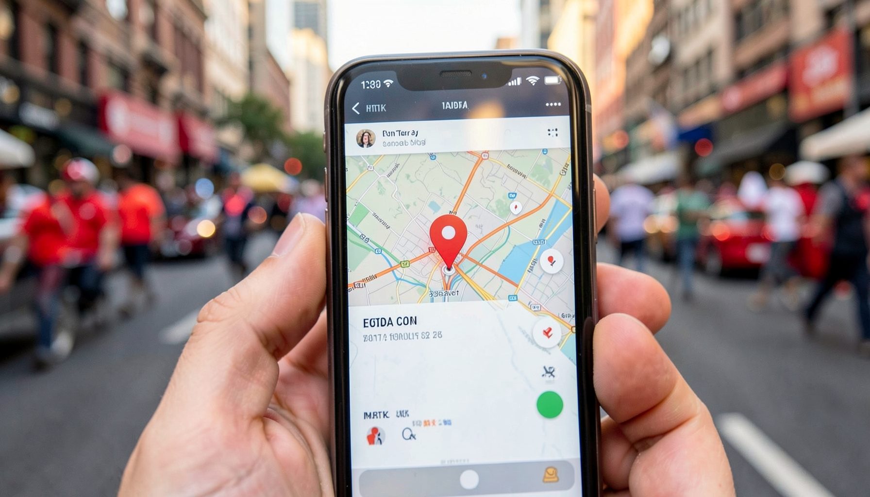 Tampilan dekat layar smartphone yang menampilkan antarmuka aplikasi transportasi online dengan peta dan pin lokasi, dikelilingi suasana jalanan kota yang ramai di sore hari