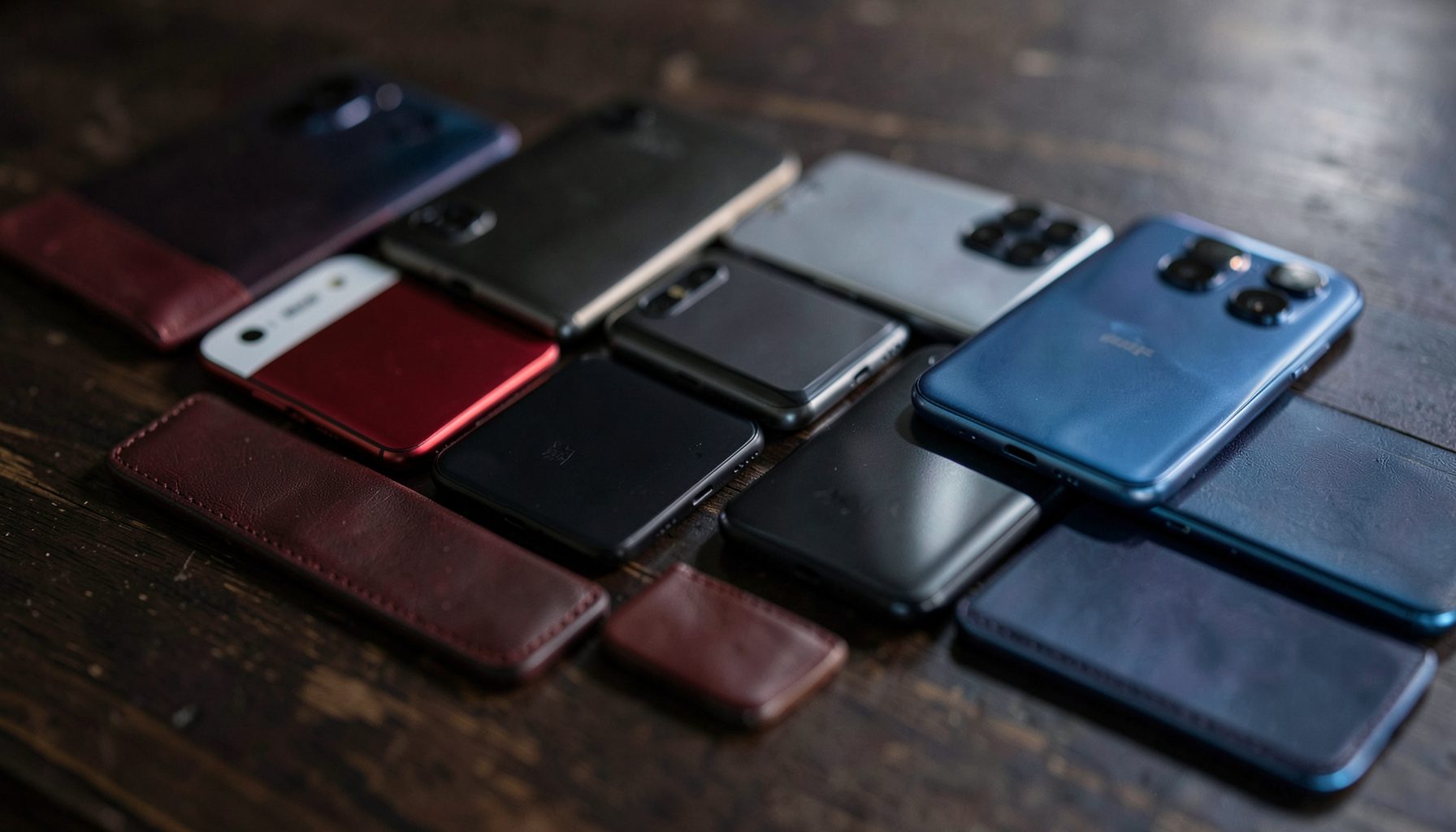 Deretan smartphone berbagai merek tersusun rapi di atas meja kayu gelap, warna dominan hitam, abu-abu, dan biru metalik
