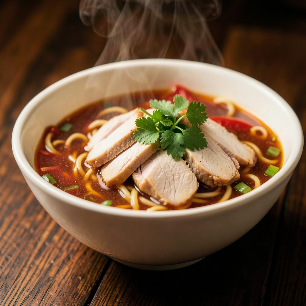 Steaming bowl of noodles with rich broth, sliced chicken, and fresh herbs on a dark wooden table, warm golden tones