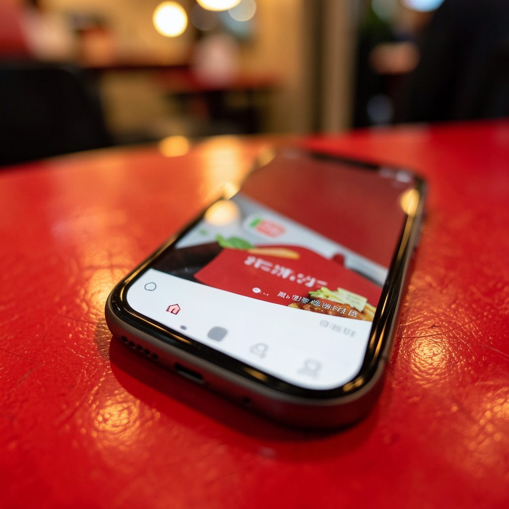 Close-up of a smartphone displaying a food delivery app interface on a café table, warm ambient lighting