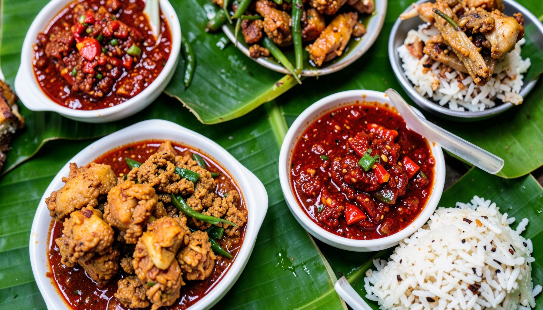 Overhead view of various Indonesian street food dishes arranged on banana leaves, vibrant colors of sambal, fried chicken, and rice
