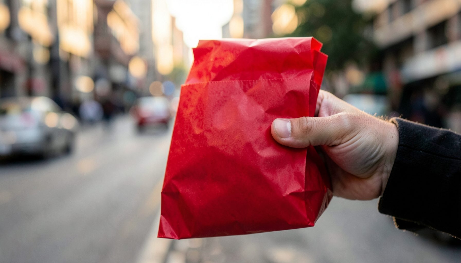 A delivery rider's hand holding a neatly packed food bag against a blurred city street background, warm afternoon light