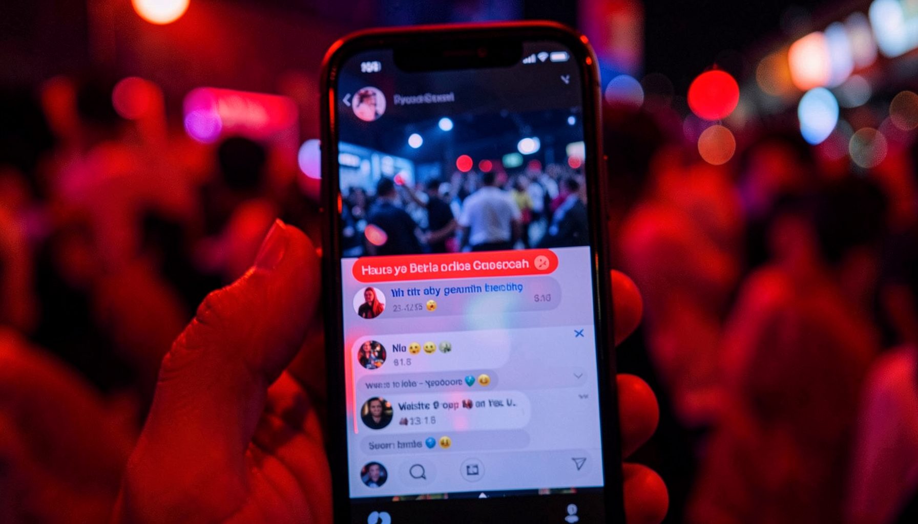Layar ponsel menampilkan notifikasi media sosial dengan sorotan warna merah dan biru, suasana malam yang ramai