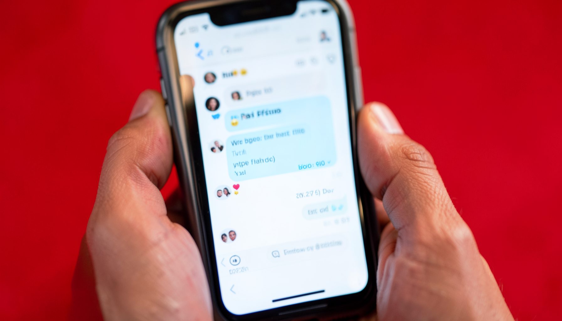 Tangan memegang ponsel dengan layar menampilkan percakapan chat, warna dominan putih dan biru muda