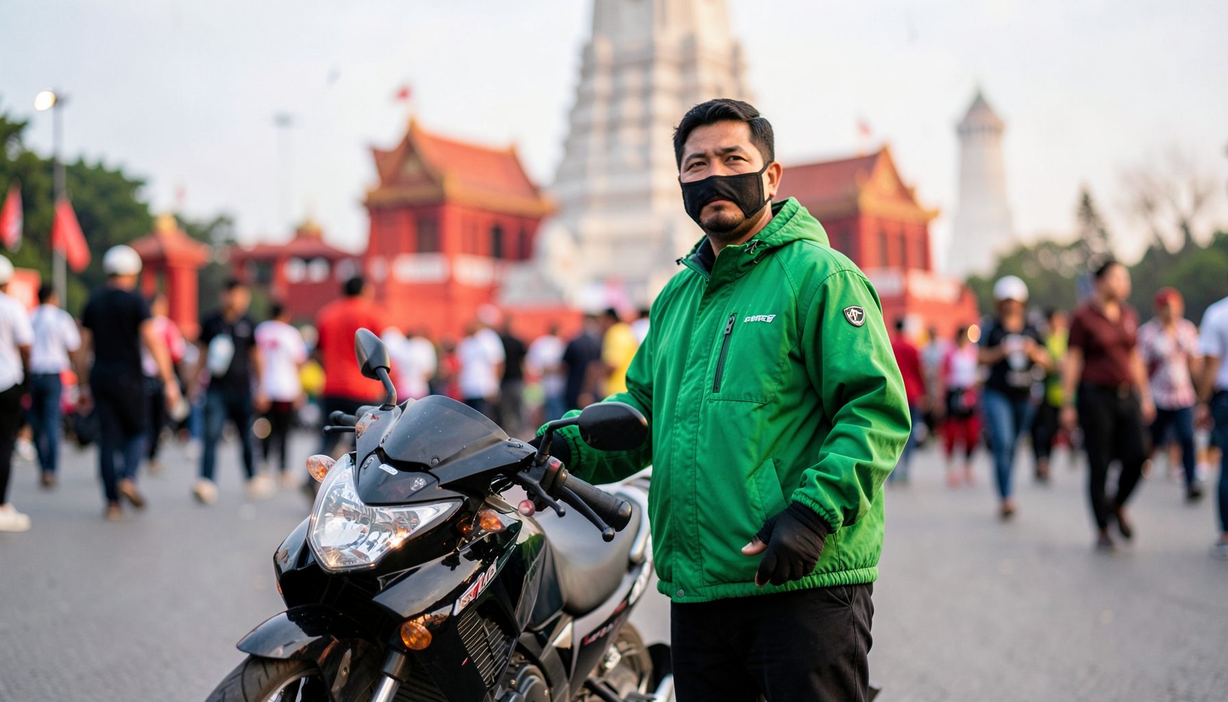 Pengemudi ojek online dengan jaket hijau berdiri di samping motor di tengah keramaian Monas