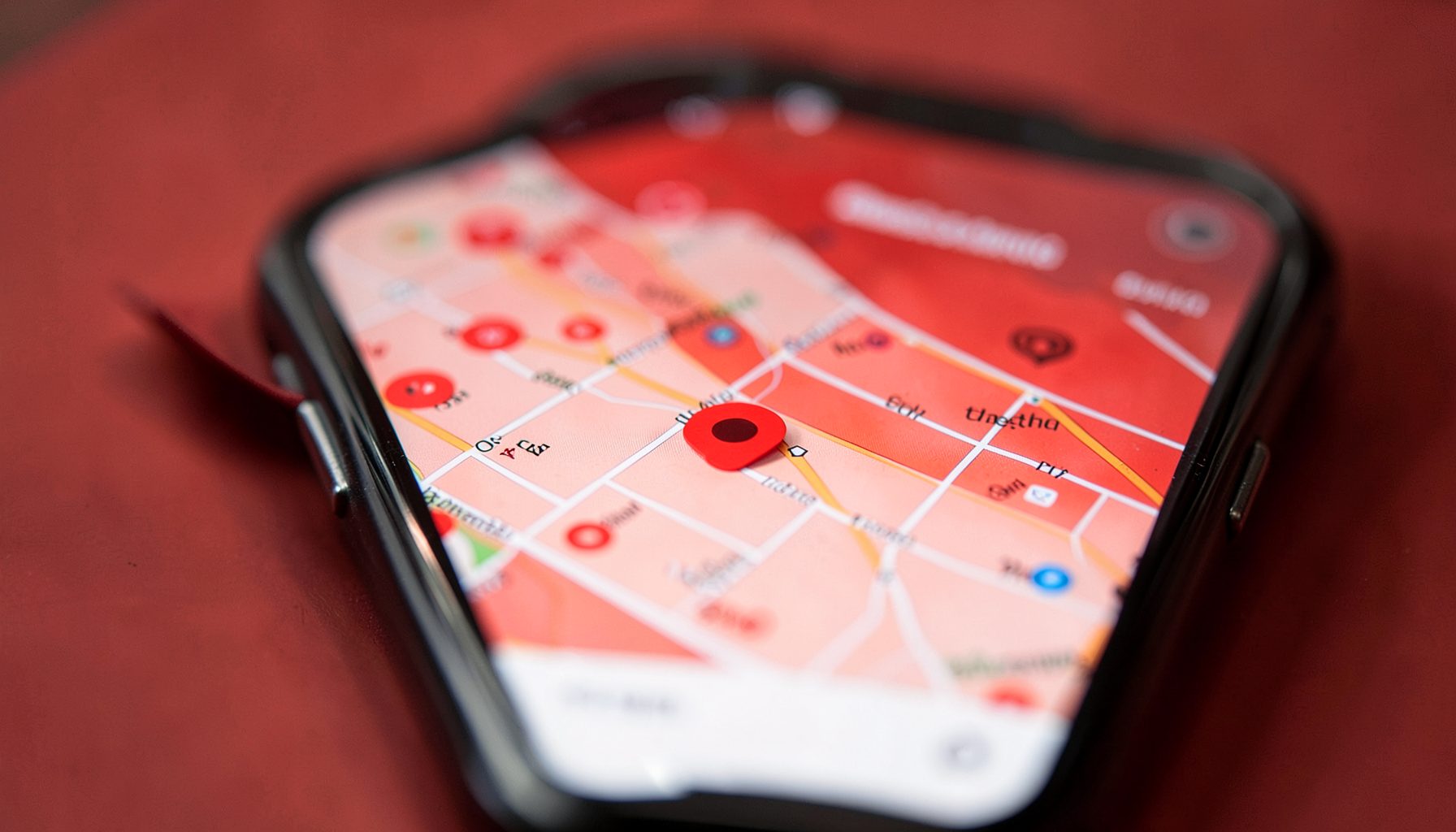 Peta digital dengan pin lokasi berwarna merah, layar ponsel menampilkan aplikasi transportasi